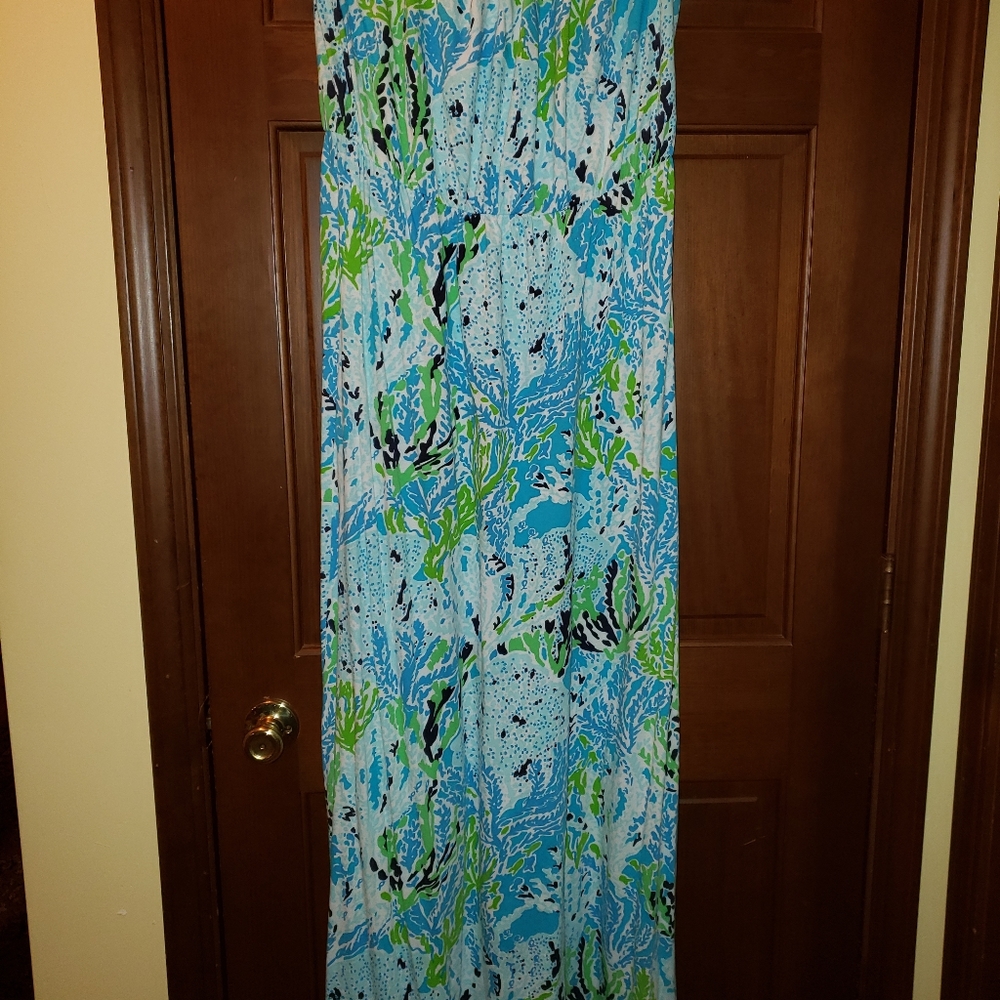 Lilly Pulitzer Blue & Green Tropical Print Maxi Dress